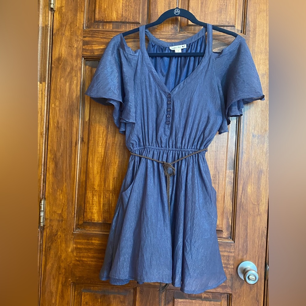 Double Zero Navy Blue V-Neck Button-Front Dress with Braided Belt